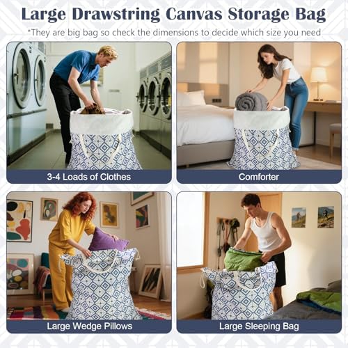 Canvas Laundry Bag with Handles & Drawstring, XL 33"Wx 35"H,Geometry Blue - Image 6