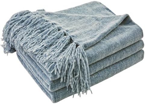 CozeCube Chenille Throw Blanket, Dusty Blue Fringe Blanket, 60"X80" by CozeCube