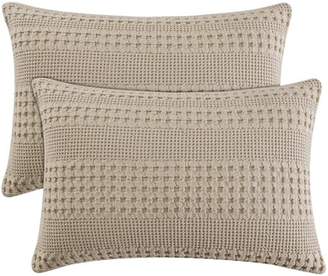 PHF 100% Cotton Waffle Pillow Shams Standard Size, 2 Pack 20" x 26" Soft Skin-Friendly Pillowcases, No Filling, Aesthetic Woven and Breathable Waffle Weave Pillow Case Covers for Bed, Simply Taupe by PHF