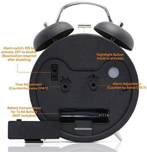 TXY Classical Twin Bell Alarm Clock for Bedroom with Stereoscopic Dial, Frosted Shell, Backlight, Extra Loud Machinical Ringtone, Battery Operated Loud Alarm Clock for Home Office (Black) - Image 2