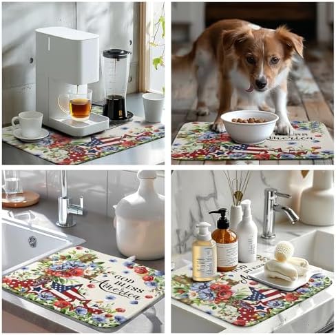 4th of July Drying Mat for Kitchen Counter Patriotic Floral Cross Stars Dish Drying Pad Independence Day Absorbent Microfiber Washable Dish Draining Mat Extra Large 16"x18" - Image 7