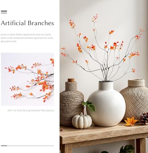 4PCS Artificial Orange Branches 35.4", Faux Fall Stems for Vase, Long Decorative Branches with Autumn Leaves, Bendable Orange Stems for Tall Vase Fall Decorations Home Decor - Image 5