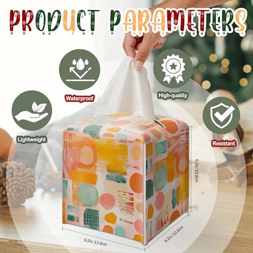 Modern Square Leather Tissue Box Cover/Case Holder Gifts for Women Family and Friends, Decorative Holder/Organizer for Bathroom Kitchen Nightstand Office Home (Pink Yellow Abstract) - B17 - Image 2