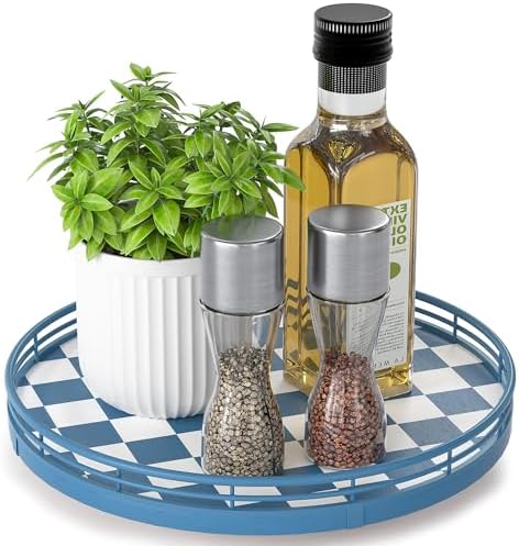 Blue and White Checkerboard Lazy Susan with Rubberwood Base and Metal Rail by AMH