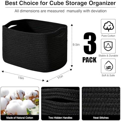 ICERZCZ Black Storage Baskets for Organizing Shelves, Toy Basket for Nursery, Woven Cotton Rope Basket for Decor, Towel Baskets for Bathroom, 15"x11"x9.5", 3 Packs, Black - Image 3