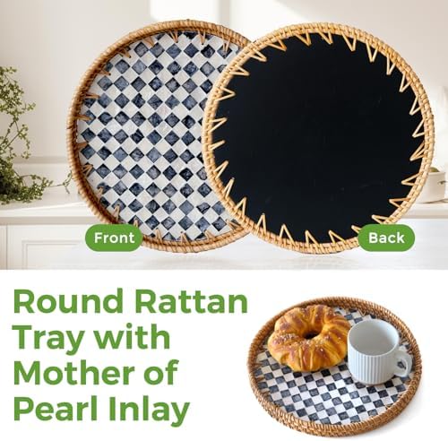 12" Round Rattan Tray with Mother of Pearl Inlay, Wicker Coffee Table Tray - Image 6