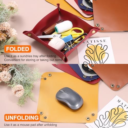 HARFINGTON 4pcs PU Leather Valet Tray Unisex Folding Small Catchall Tray Portable Entryway Table Tray Nightstand Bedside Desk Tray for Key Wallet Watch Coin Jewelry Dice, Dark Brown - Image 6