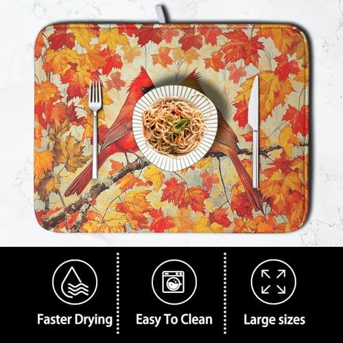 Fall Dish Drying Mats for Kitchen Counter Maple Leaf Cardinal Birds Dish Draining Mat 18x24 Inch Autumn Thanksgiving Dish Rack Mat Microfiber Absorbent Dish Drainer Pad - Image 4