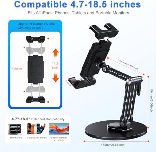 Tablet Stand for Desk, Portable Monitor Stand with Large Clamp up to 18.5" - Image 2