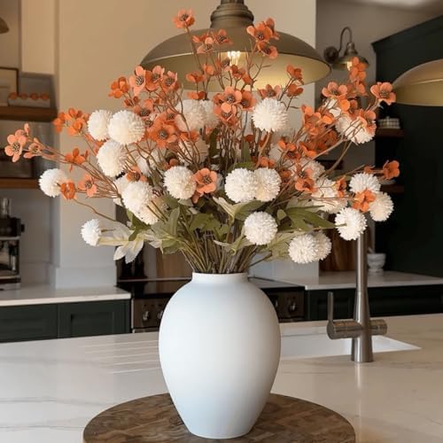 SilkSerenade White Silk Kiku Flower Arrangements with Eucalyptus & Umber Wild Flowers for Home Decor, Fake Flores Long Orange Tall Mums Earthy Rust Stems Artificial Floral Kitchen Dining Centerpieces - Image 6