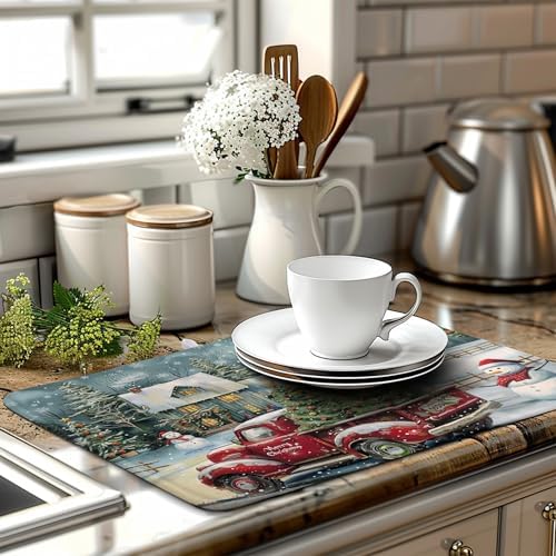 Christmas Red Truck Xmas Tree Snowman Dish Drying Mat for Kitchen Counter 18x24 Inch Winter Snowflake Vintage Absorbent Dish Pad Farmhouse Microfiber Dish Drainer Mats Christmas Kitchen Accessories - Image 6