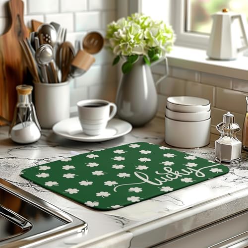 St Patrick Shamrock Drying Mat for Kitchen Counter Green White Lucky Clover Drying Dish Mat St Patricks Day Absorbent Microfiber Dish Drying Pad Reusable Dry Mat 16 x 18 Inch - Image 6