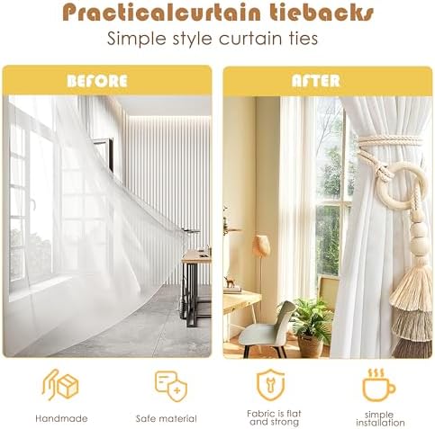 SRG Curtain Tiebacks for Curtains 2 Pack, Decorative Curtain Holdbacks for Drapes, Handmade Tie Backs No Drilling for Home Bedroom Window Decor – Tassel Beige - Image 2