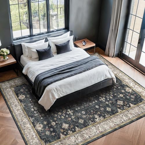 Black Boho Living Room Rug 5x7, Washable Dark Vintage Moody Low Pile Non Slip Carpet for Bedroom, Dinning Room, Office, Farmhouse, Retro Area Rug Indoor Decor (5x7 Black/Multi) - Image 6