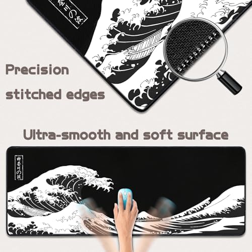 Mouse Pad Gaming - Desk Mat for Keyboard and Mouse - Kanagawa Large Mouse Pad for Desk, Japanese Sea Wave Mousepad (31.5 x 11.8inch) with Non-Slip Base, Desks Pad Mat for Game, Office and Home - Image 3