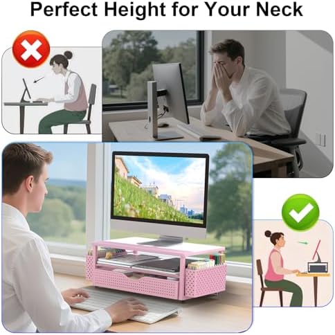 Spacrea Computer Monitor Stand with Drawer and 2 Pen Holders, Pink - Image 4