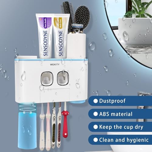Toothbrush Holder Wall Mounted, WEKITY Multi-Functional Toothbrush and Toothpaste Dispenser for Bathroom, with 5 Toothbrush Slots, 2 Toothpaste Squeezers and 4 Cups(Blue) - Image 4