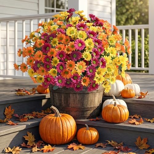HyeFlora Artificial Mums for Outdoors Fall Decor, 6 Bundles Fake Flowers UV Resistant Realistic Faux Flowers Bouquet Silk Flowers for Outside Planter Porch Patio Garden Yard Balcony Home, Mix - Image 2