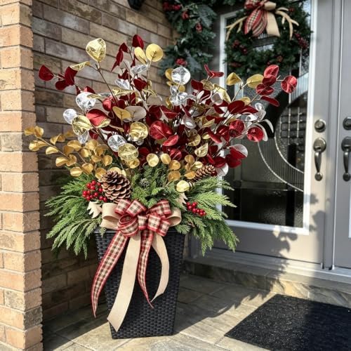 6Pcs Artificial Christmas Eucalyptus Stems 27.55 Inch Red Gold Silver Silk Faux Leaves Flexible Branches for Vase Table Centerpiece Xmas Home Wedding Decor - Image 5