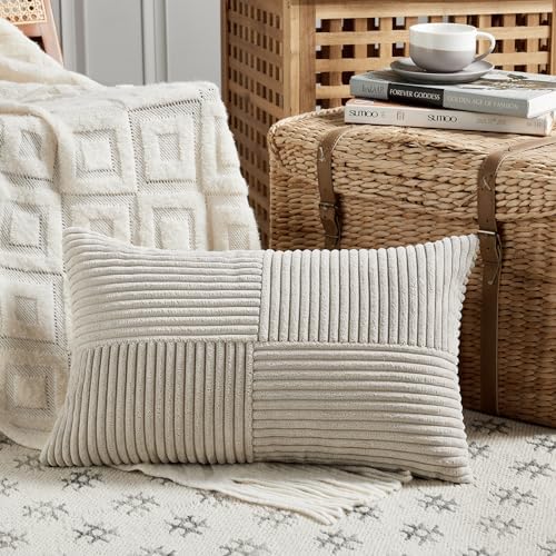 Fancy Homi 2 Packs Neutral Taupe Lumbar Decorative Throw Pillow Covers 14x22 Inch for Living Room Couch Bed Sofa, Farmhouse Home Decor, Soft Striped Corduroy Rectangle Accent Cushion Case 35x55 cm - Image 2