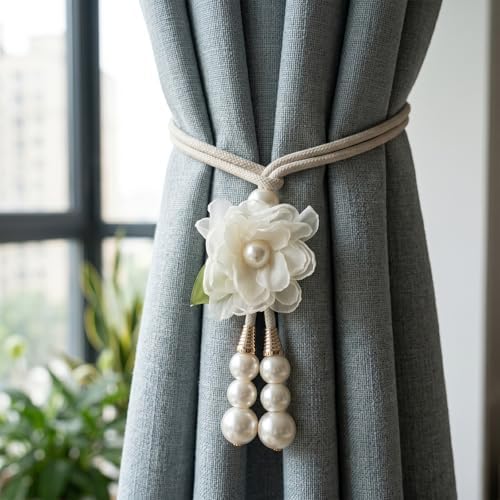 Adjustable Curtain Tiebacks， 4pcs(2pair) Hand-Woven Rope with Silk Flower & Pearl， Decorative Window Cord Holders for Drapery， Long Loop Design for All Curtain Thickness (Ivory White) - Image 2