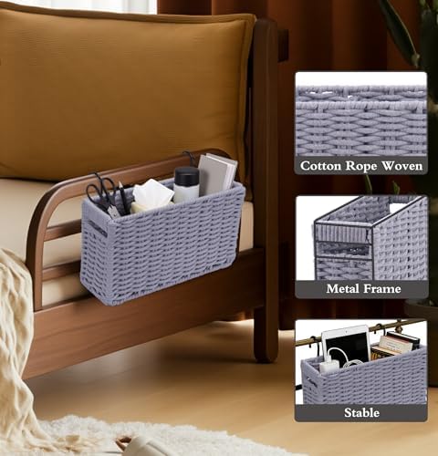 Cotton Rope Woven Bedside Caddy for Dorm Bed, Foldable Bedside Shelf Bunk Bed Accessories, College Dorm Room Essentials Hanging Organizers Storage Basket, Room Decor Magazine File Holder (Gray) - Image 3