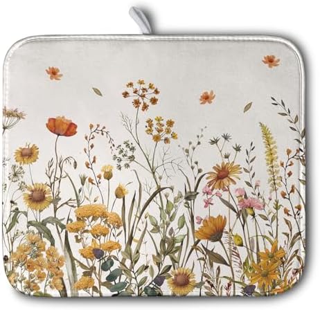 Fall Floral Dish Drying Mat for Kitchen Counter Autumn Burnt Orange Wild Flowers Dish Draining Mat Absorbent Microfiber Dishes Pad Washable Dish Drainer Rack Mat Medium 16"x18" by Kwlegh