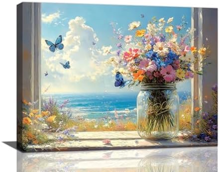 Beach Floral Bathroom Pictures Wall Art, Colorful Flower Bathroom Wall Decor, Coastal Ocean Framed Painting Canvas Artwork for Bedroom Living Room Decorations 20" L x 16" W by Taimeng