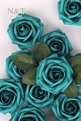 Artificial Flowers Real Touch Fake Rose with Stem Decor,25Pcs-Peacock Green - Image 5
