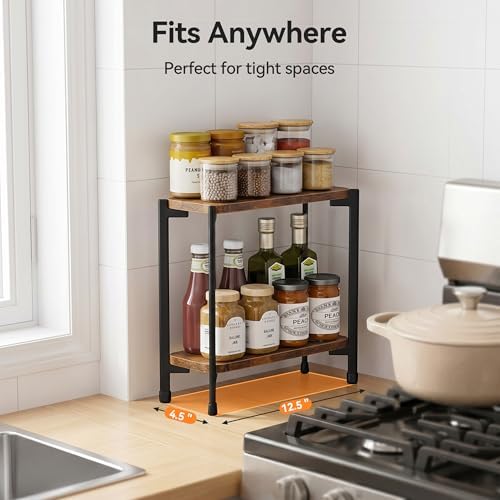 pickpiff 2 Tier Spice Rack Organizer for Kitchen Countertop, Wood and Metal Seasoning Shelf, Space-Saving Spice Organizer for Kitchen Counter, Coffee Bar and Dining Table, Brown - Image 3