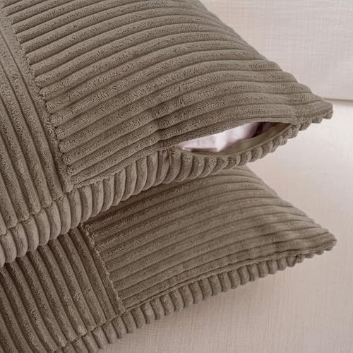 Fancy Homi Set of 2, Light Brown Patchwork Corduroy Decorative Soft Striped Modern Accent Cushion Case Farmhouse Boho Neutral Throw Pillow Covers for Chair Couch Bed Sofa Living Room 20x20 Inch - Image 4