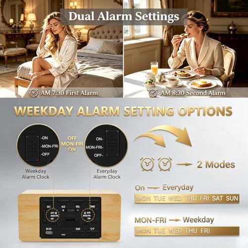 Premium Bamboo Wooden Digital Alarm Clock with Wireless Charging Pad, Time & Temperature Display, Dual Alarms & Snooze, Dimmable, Small LED Desk Clock for Bedroom Nightstand Bedside Living Room Table - Image 6
