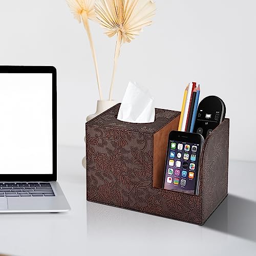 PU Leather Tissue Box Cover Square Tissue Holder Tissues Box Organizer with 2 Compartment,Remote Control Holder,Multifunctional Decorative Tissue Box Covers Cube,Home Office Desktop Storage Box,Retro - Image 3