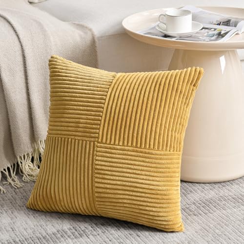 Fancy Homi 2 Packs Mustard Yellow Big Decorative Throw Pillow Covers 24x24 Inch for Living Room Couch Bed, Farmhouse Boho Home Decor, Soft Corss Corduroy Patchwork Accent Square Cushion Case 60x60 cm - Image 2