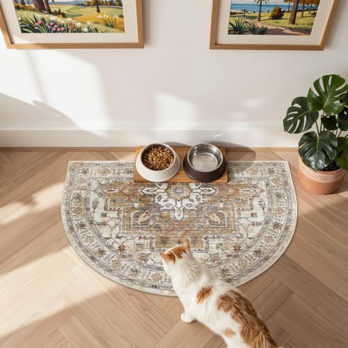 Madane Washable Half Circle Round Rug 2x3 Small Moon Rugs, Turmeric/Grey - Image 2