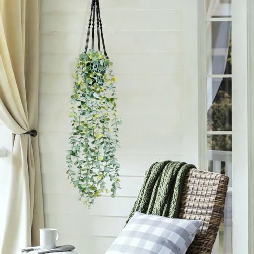 LOYWREE 2 Pack Fake Hanging Plants Artificial Eucalyptus Small Potted Long Vine Plant for Indoor and Outdoor Shelves, Walls, Rooms, Homes, Offices, and Gardens Decor (Black Pot) - Image 4