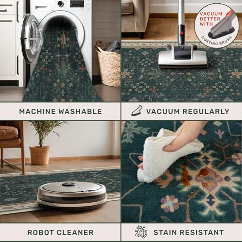 Dark Green Oushak 2x4 Entryway Rug - Modern Vintage Boho Eclectic Floral Pastel, Washable Low Pile Non-Slip Small Throw Area Rugs for Door Mat Indoor Entrance, Kitchen, Bathroom, Bedroom, Laundry - Image 4