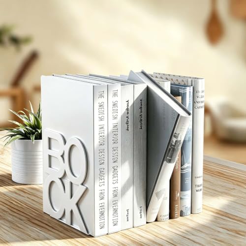 Book Ends - Decorative Metal Book Ends Supports for Bookrack Desk,Books, Unique Appearance Design,Heavy Duty (White, 4 Pair) - Image 3