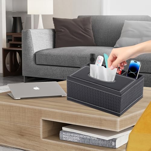 Tissue Box Cover Rectangle Black Tissue Box Holder PU Leather Facial Tissue Organizer,Multifunctional Remote Control Stationery Storage Box,Home Office Supplies Car Napkin Caddy - Image 3