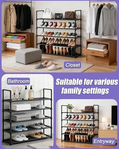 5 Tier Shoe Rack Large Capacity, 34.3" Wide Adjustable Shoe Organizer for 20-25 Pairs, Sturdy Non-Woven Shoe Rack Shelf Multi-Purpose Storage Unit for Closet, Hallway, Entryway,Garage,Black - Image 6