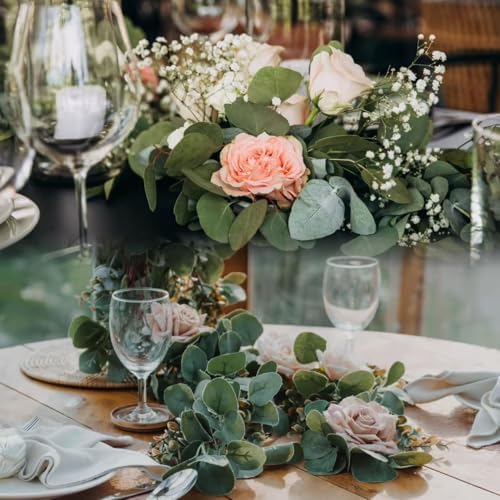 Sggvecsy 2 Pack Artificial Eucalyptus Garland Greenery Leaves Handmade 3D Silk Vines Silver Dollar Leaves Faux Leaf Plants for Wedding Wall Table Party Home Fireplace Bedroom Decor - Image 5