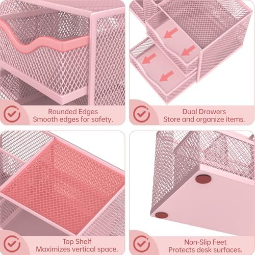 Mesh Desk Organizer with 2 Drawers, Metal Pen Holder for Desk, Pink - Image 3