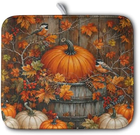 Fall Dish Drying Mat for Kitchen Counter 16x18 Autumn Pumpkin Maple Leaves Birds Dish Drying Pad for Dishes Microfiber Absorbent Dishes Drainer Mats Thanksgiving Dish Rack Mat by Kwlegh