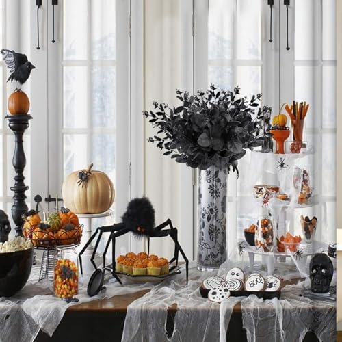 12 Pcs Black Eucalyptus Stems, 13" Fake Flowers DIY Black Silk Artificial Flowers Faux Spooky Branches for Home Halloween Farmhouse Gothic Floral Arrangements Decor - Image 4