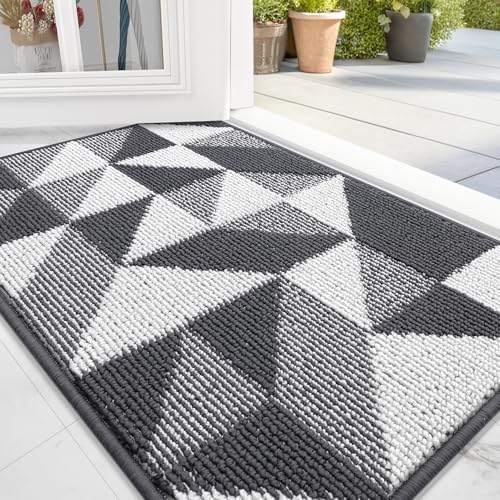 OLANLY Door Mat Indoor Entrance Washable 32x20, Odor-Free Low-Profile Front Back Geometric Doormat, Absorbent Resist Dirt Entry Carpet, Easy to Clean Sturdy Inside Floor Mats for Entryway, Dark Grey by OLANLY