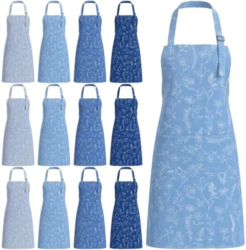 Toulite 12 Pcs Blue Floral Apron with Pocket Bulk for Kitchen and Craft by Toulite