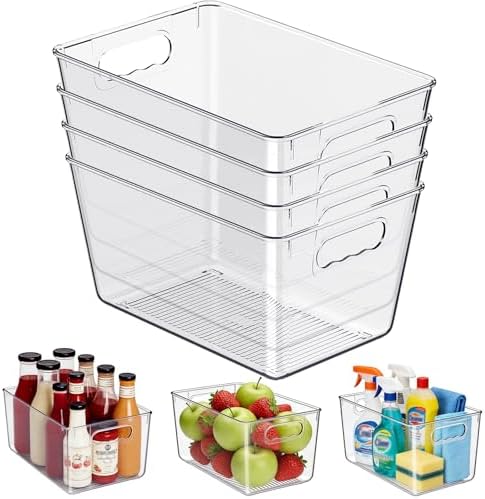 Clear Fridge Organizer Bins with Handles, 4 Pack Large 11.5×7.5×6 Inch by KJIXYUNG