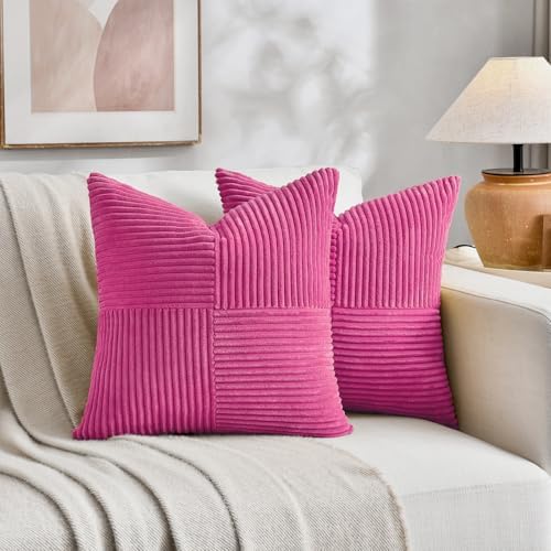 Fancy Homi 2 Packs Hot Pink Samll Decorative Throw Pillow Covers 14x14 Inch with for Couch Bed Sofa, Rustic Farmhouse Boho Home Decor, Soft Corss Patchwork Corduroy Square Cushion Case 35x35 cm - Image 5