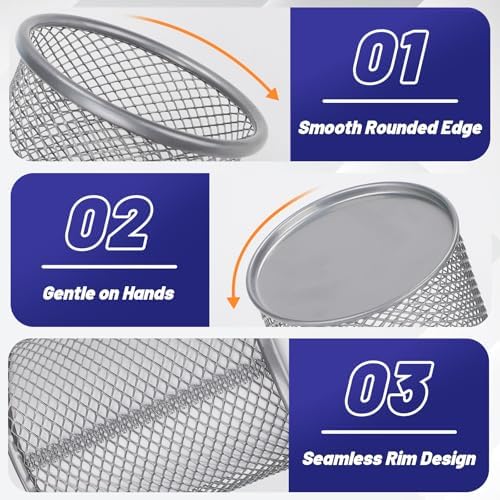 Segarty Pen Holder for Desk, 3 Pack Round Silver Pen Holder, Wire Mesh Pencil Cup Holder Containers Set, Desktop Organizer for Office Supplies, School Classroom, Home, Makeup Brush - Image 3