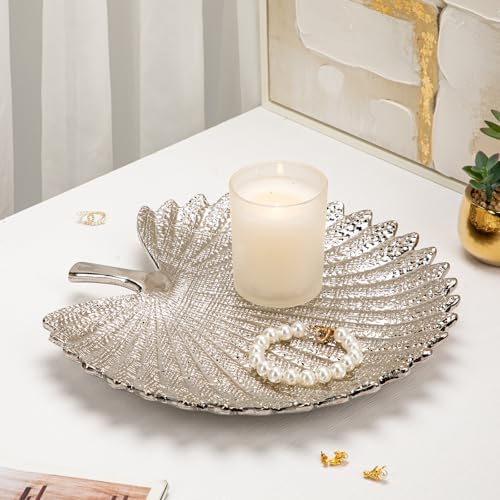 Silver Leaf Decorative Serving Tray for Table Centerpiece – 12" Ceramic Leaf-Shaped Trinket Dish, Candle Tray, Vanity Organizer, Coffee Table Decor, Modern Glam Home Decor, Gifts for Women - Image 4